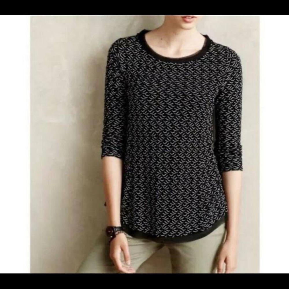 Anthropologie Black and White Patterned Three-Quarter Sleeve Top